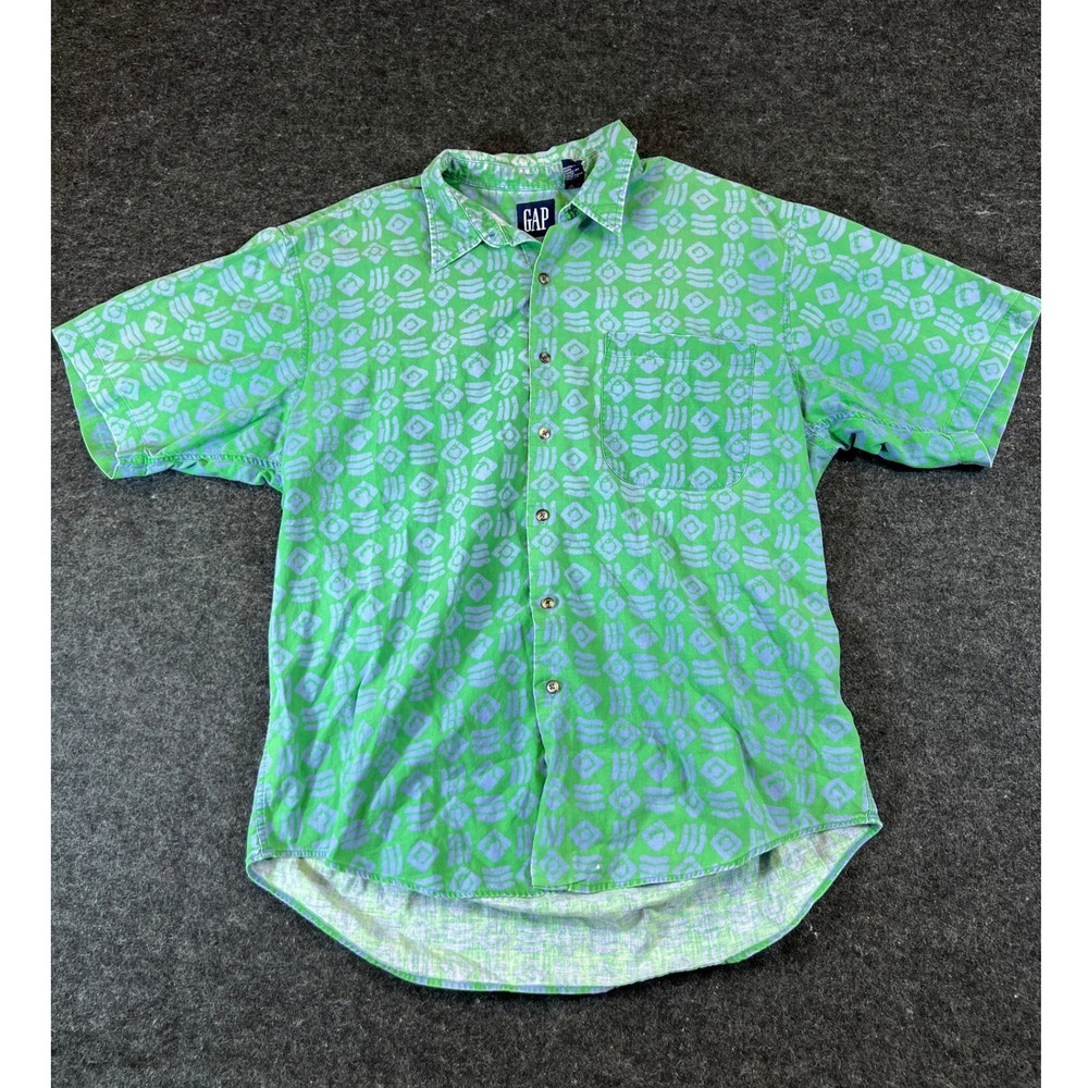 Vintage 90s Gap Button Up Shirt Mens Large Green Batik Graphic Short Sleeve Camp